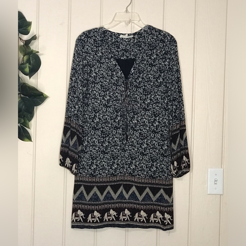 Altar’d State Bohemian-Style Tunic Dress w/ Elephants & Flowers Floral LS Multic